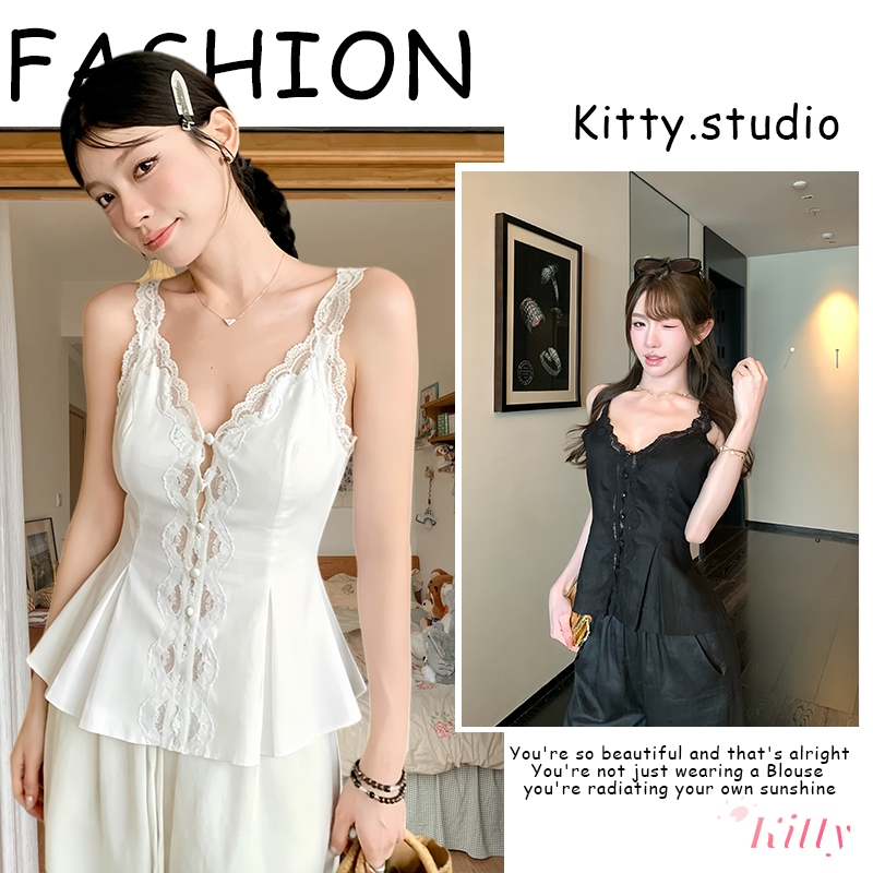 Kitty พร้อมส่ง🌸 เสื้อกล้ามลูกไม้ สายเดี่ยว ครอป รัดเอว ลูกไม้ขอบ กระดุม เสื้อใน  สาวสวยเซ็กซี่อ่อนหวาน