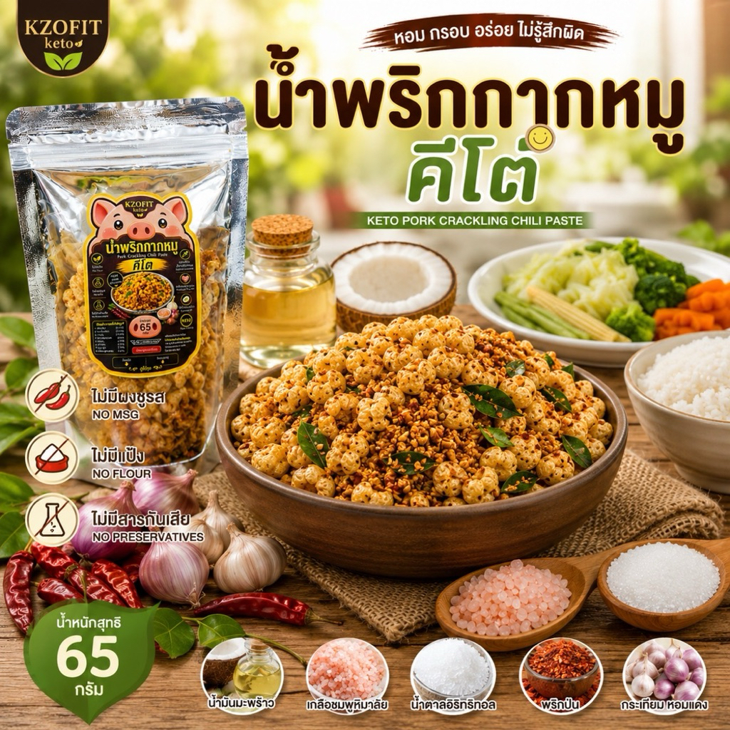 น้ำพริกกากหมูคีโต ไม่มีผงชูรสไม่มีแป้งไม่มีสารกันเสียน้ำหนักสุทธิ 65กรัมราคา 55บาท