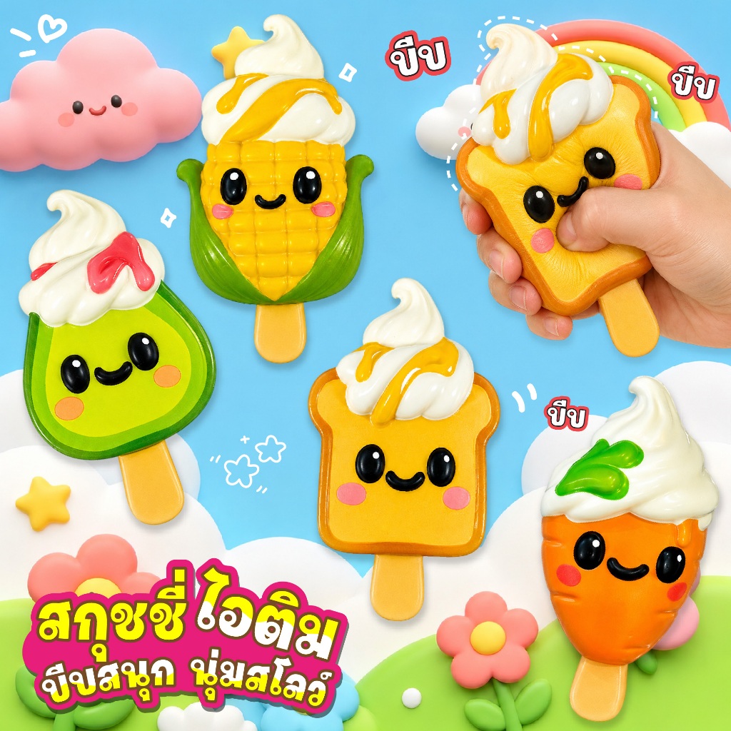 สกุชชี่ ไอติมวิปครีม ลายผลไม้ ขนมปัง บีบสนุก นุ่มสโลว์ ของเล่นแก้เครียด สกุชชี่ น่ารักมาก (สุ่มลาย 1 ชิ้น)