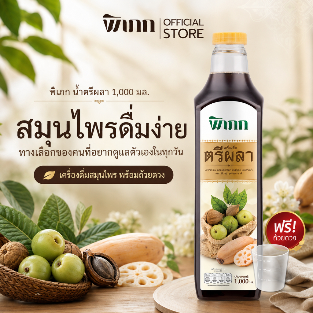 น้ำตรีผลา พิเภก 1000 มล. เครื่องดื่มสมุนไพรพร้อมดื่ม ดื่มง่าย ไม่เติมน้ำตาล มีอินูลิน