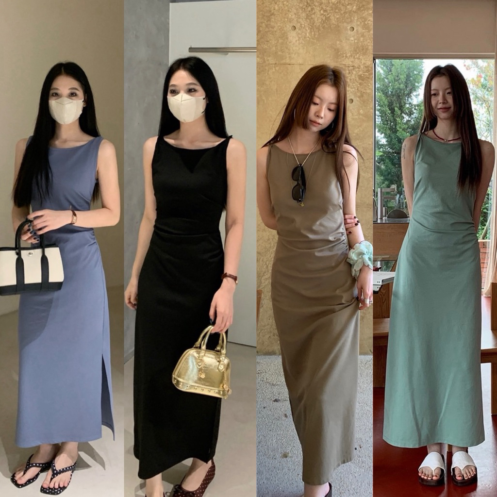 10188# เดรสยาวแขนกุด ดีเทลจับจีบพรางหุ่น เนื้อผ้านุ่ม ยืดหยุ่น ทิ้งตัวสวย TAG WG.WE