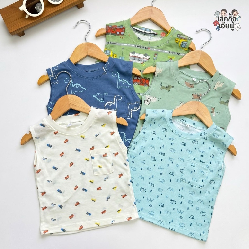 FUFU เสื้อยืดเด็ก เสื้อกล้ามเด็ก ขนาดเด็ก 6m-7y เสื้อแขนกุด มีกระเป๋า ผ้านุ่ม ลายน่ารัก (TST-7)