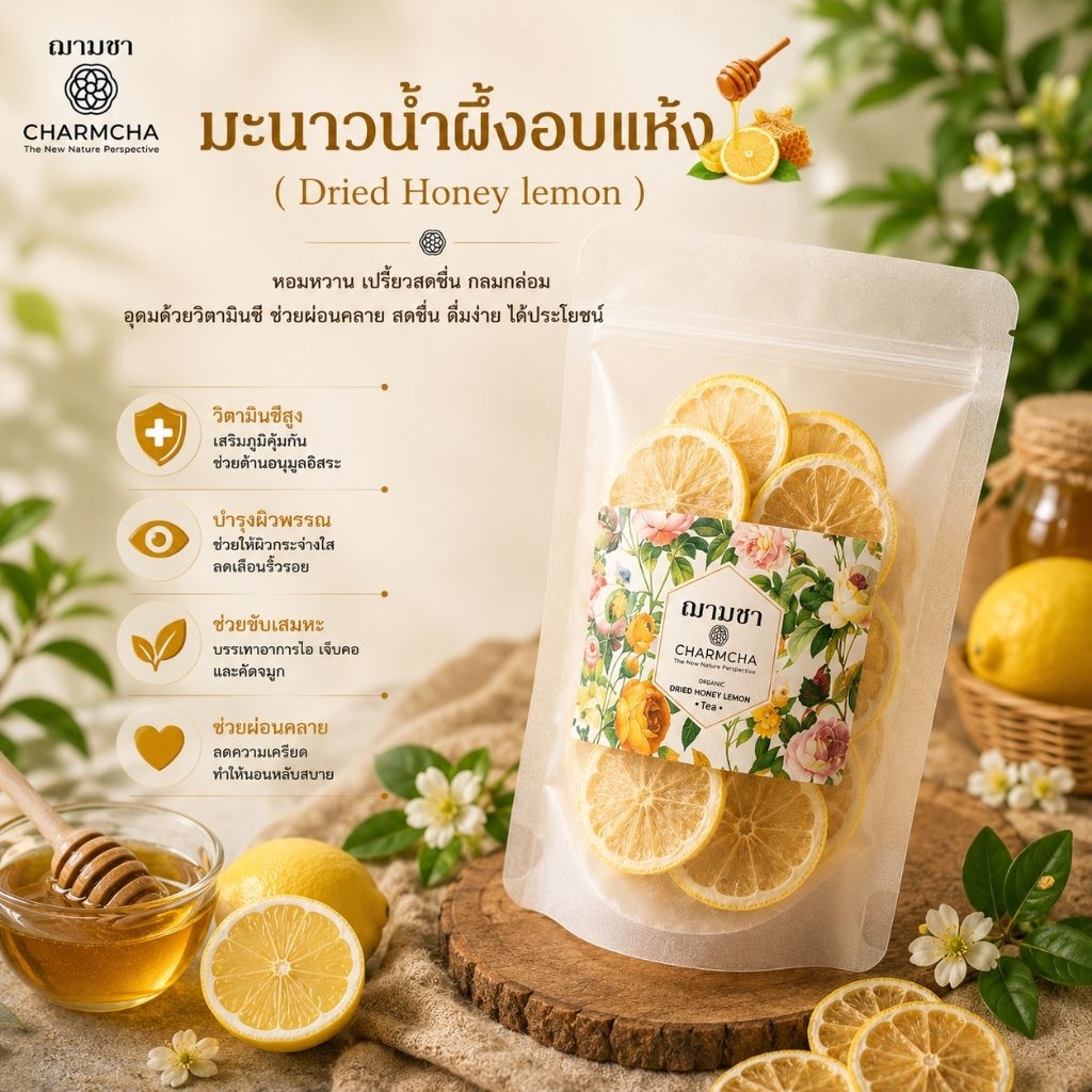 มะนาวน้ำผึ้ง (Dried Honey lemon) เลม่อน้ำผึ้ง ผสมชาดอกไม้ เป็นหวัดเพิ่มวิตามิมซี ฌามชา charmcha ชาน้ำผึ้งมะนาว