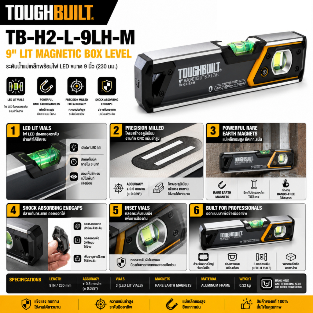 TOUGHBUILT รุ่น TB-H2-L-9LH-M ระดับน้ำแม่เหล็กพร้อมไฟ LED ขนาด 9 นิ้ว มีแม่เหล็ก มีไฟ LED