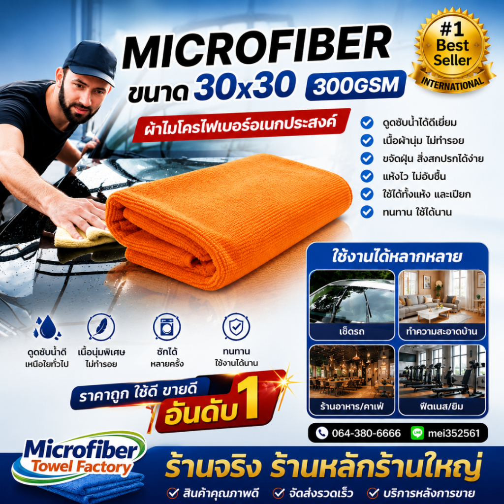 ผ้าไมโครไฟเบอร์อเนกประสงค์ 30x30 หนา 300GSM ใช้งานทั้งในบ้าน และในร้านค้าแบบมืออาชีพ ราคาถูก ใช้ดีขายดีอันดับ1