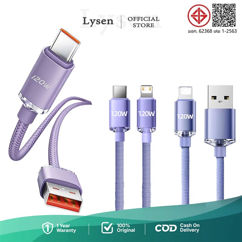 【รับประกัน 1 ปี】สายชาร์จ Type-C USB A LI ถัก 120W, 6A Quick Charge 480Mbps Super Fast Charger Cable