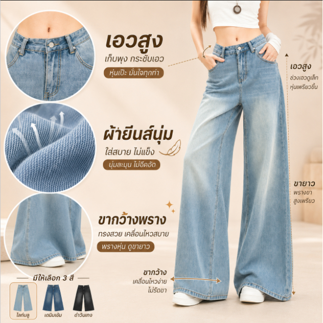 กางเกงยีนส์ผู้หญิงเอวสูง สีดำฟอก ขากว้าง ทรงหลวม ขายาว สไตล์สตรีทเกาหลี ใส่สบาย แมทช์เสื้อครอป ใส่เที่ยว ลุคสาวเท่