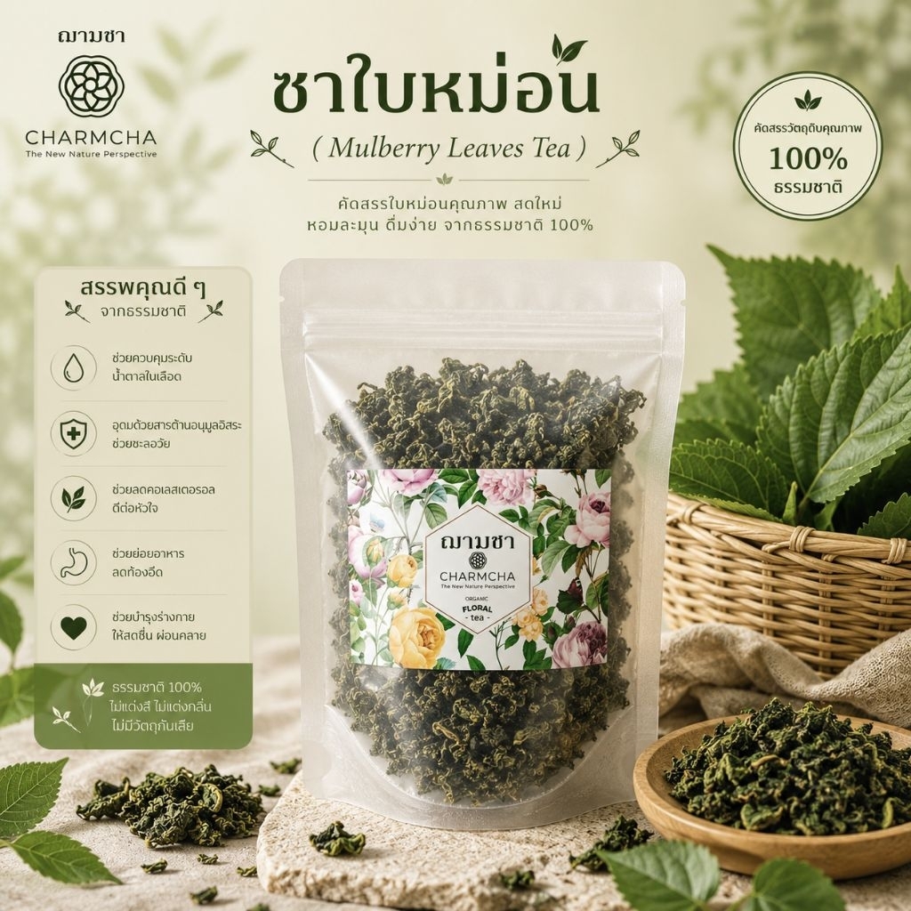 ชาใบหม่อน (Mulberry Leaves Tea)  ใบชา ชาใบม่อน ฌามชา charmcha ชาลดน้ำตาล