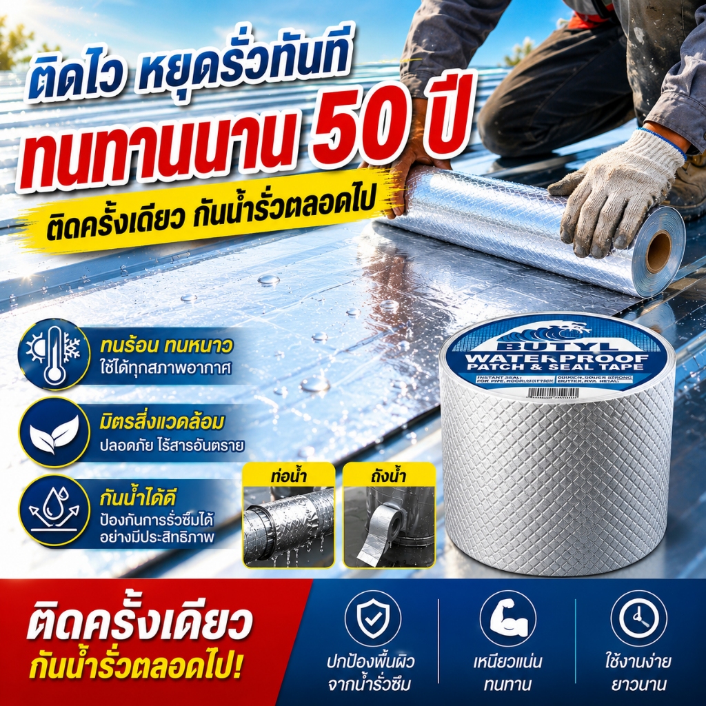 เทปกาวบิวทิล เทปกาวกันน้ํารั่วซึม เทปพันสายไฟ แผ่นแปะหลังคา แผ่นแปะหลังคา ความยาว 5 เมตร 【กันน้ำได้ 10 ปี ไม่รั่วซึม】