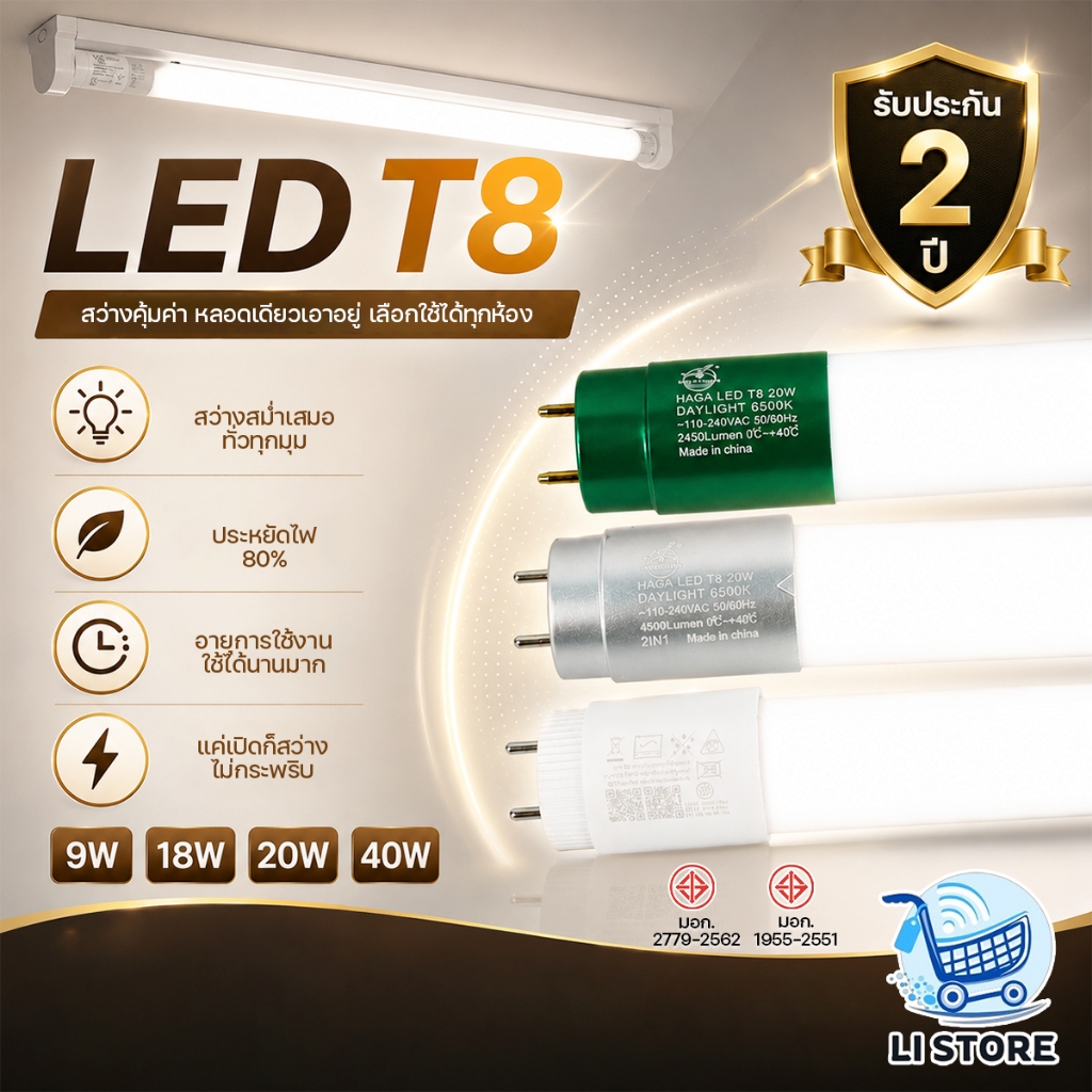 หลอดไฟ LED T8 9W/18W/20W/40W ใช้ไฟบ้าน รับประกัน2ปี ผ่านมาตรฐาน มอก. ประหยัดสุด สว่างมาก รุ่น HL-T8