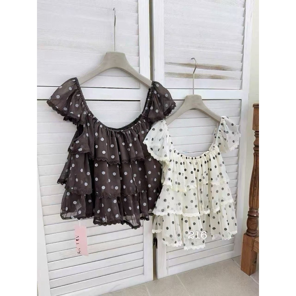 เสื้อชีฟองเกาหลี เแต่งระบายชั้นๆชายลูกไม้