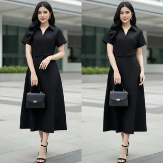 Thealner- AN474 (เดรสดำคอปกแขนสั้นแต่งกระดุมเล็ก)