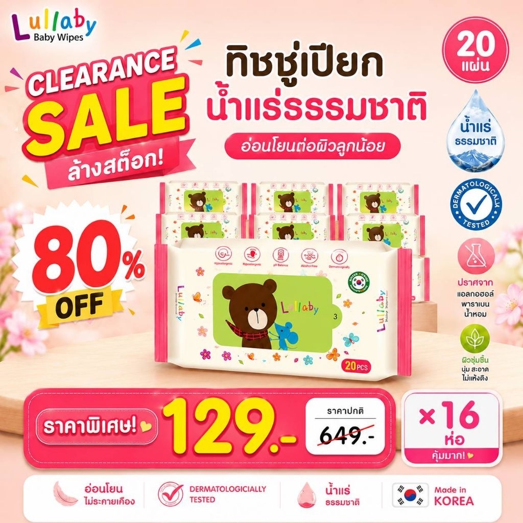 Lullaby  baby wipes ทิชชู่เปียกเด็กแรกเกิด น้ำแร่ธรรมชาติ ขนาด20 แผ่น16ห่อ