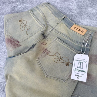 JINJEANS-3318 (XS-9XL) Barrel baggy Jeans กางเกงยีนส์ทรงหลวม กระบอกใหญ่ ขากว้าง สีมอสลาเต้ (Moss Latte)