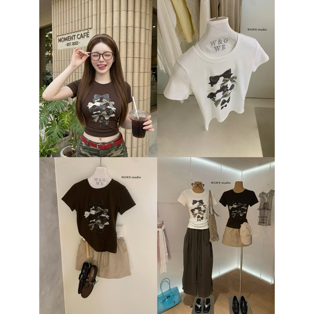 พร้อมส่งจาก🇹🇭WG.WE เกาหลีหวานสไตล์ โบว์พิมพ์ลายกระชับสัดส่วน แขนสั้นคอกลม เสื้อยืดผู้หญิง W10283
