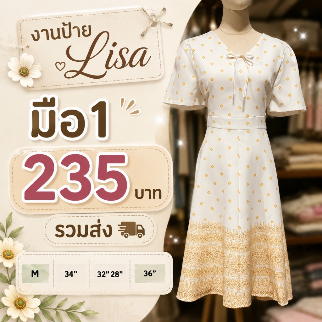 SizeM มือ1 งานป้าย LISA เดรสพิมพ์ลายไทย