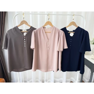 ตัวกว้างพลัสไซส์ เสื้อชีฟอง สาวอวบ คอปีนแขนระบาย ชีฟองเนื้อดี มีน้ำหนัก ทิ้งตัว ไม่บาง ชีฟองพลัสไซส์ S490-0064