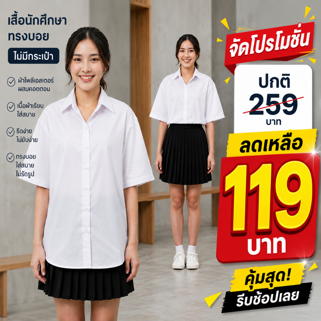 เสื้อนักศึกษาผู้หญิง ทรงบอย หน้าเรียบ หลังเรียบ ราคาถูกมากกกก..💕💥
