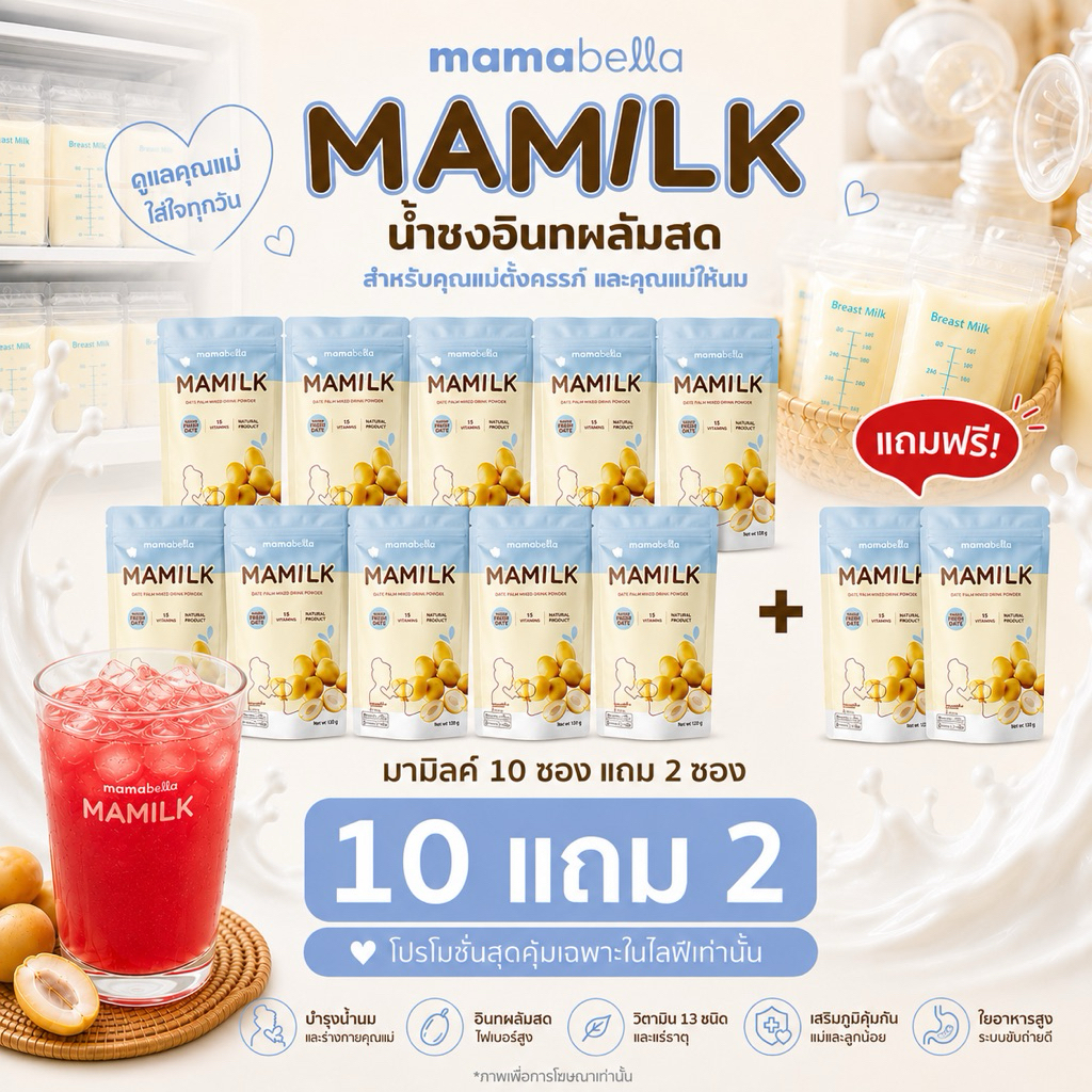 [10แถม2 สุดคุ้ม!] Mamilk มามิลค์ น้ำชงอินทผลัมสด เพิ่มนมแม่ อินทผลัม บำรุงน้ำนม 10 ซอง (ชุดทาน4เดือน) + ฟรี 2 ซอง