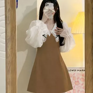 ✨S-6XL✨ ชุดเดรสแขนยาว คอปกตุ๊กตา กระโปรงสั้นน่ารัก ยืดหยุ่น ดีเทลโบวื เดรสสาวอวบ พลัสไซซ์ เดรสออกงาน