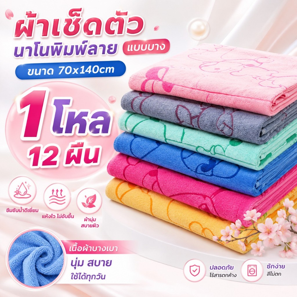 [ขายส่ง1โหล-12ผืน]ผ้าเช็ดตัวนาโนบาง140x70cm