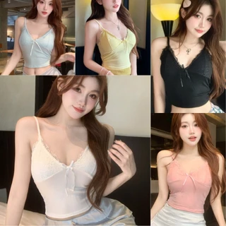 สายเดี่ยว new ดีเทลแต่งอกลูกไม้พร้อมโบว์ตรงหน้าอก มีฟองน้ำในตัว ผ้ายืดคุณภาพดี ราคาโรงงานพร้อมส่ง