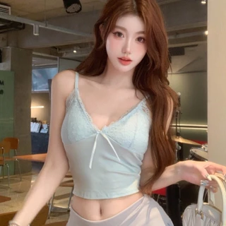 สายเดี่ยว new ดีเทลแต่งอกลูกไม้พร้อมโบว์ตรงหน้าอก มีฟองน้ำในตัว ผ้ายืดคุณภาพดี ราคาโรงงานพร้อมส่ง