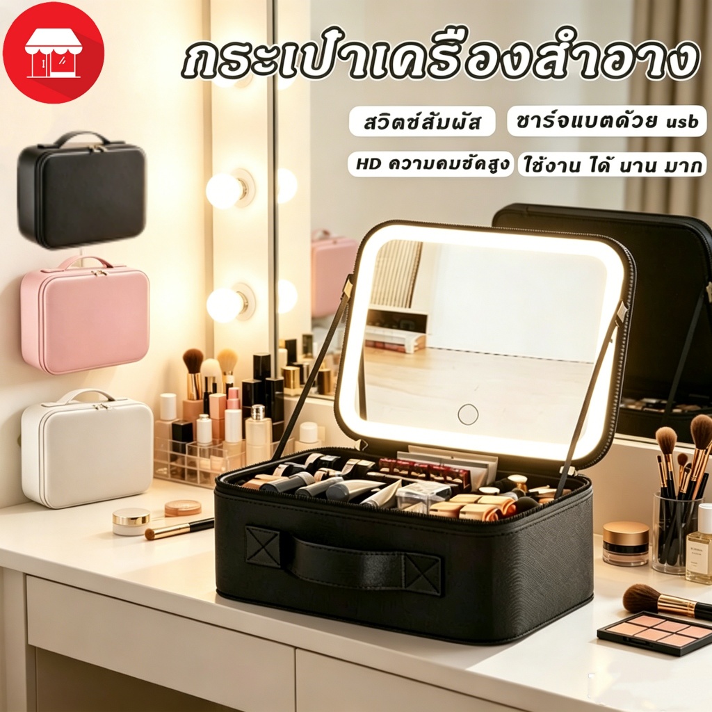 กระจกแต่งหน้า LED พรีเมียม ไฟส่องสว่างแบบพกพา มีกล่องเก็บอุปกรณ์และกระเป๋าเครื่องสำอางในชุดเดียว ทนทาน ใช้งานสะดวก เหมาะ