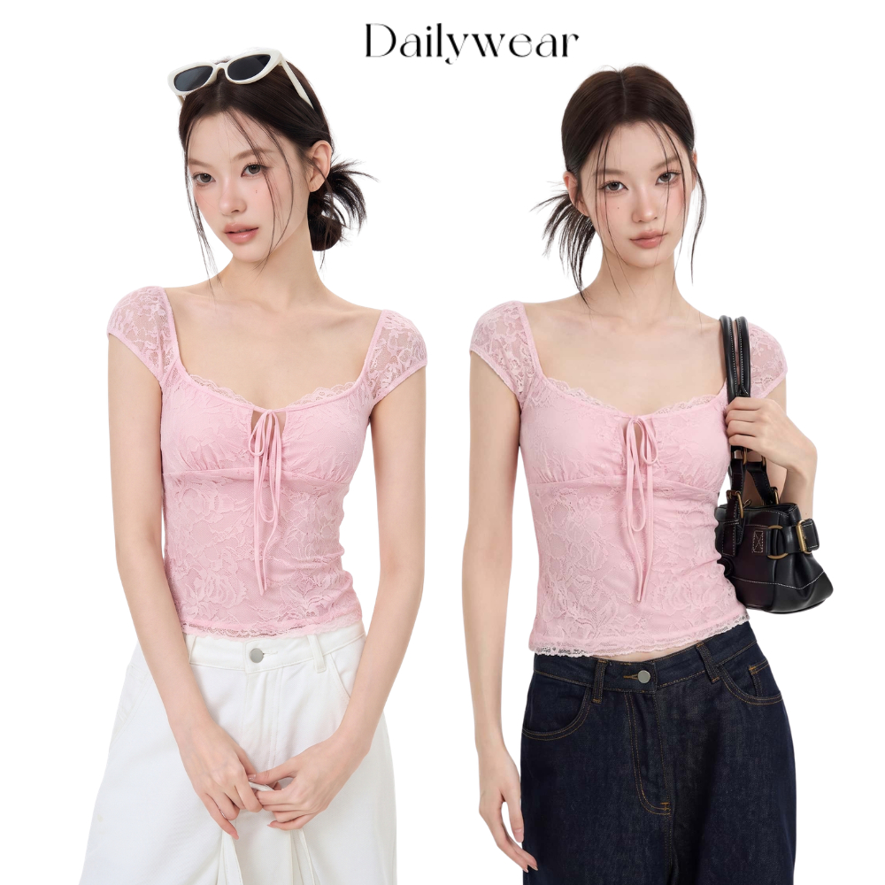 Dailywear พร้อมส่ง เสื้อแขนสั้นคอสี่เหลี่ยมสไตล์สาวแซ่บ ด้านหลังต่อลูกไม้ มีเชือกผูก กระชับสัดส่วนผอมสวย