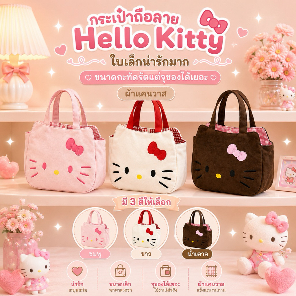 พร้อมส่ง กระเป๋าถือHello Kitty กระเป๋าถือผู้หญิง กระเป๋าคิตตี้ ผ้าแคนวาส กะทัดรัด ใส่ของได้เยอะ Tote Bag