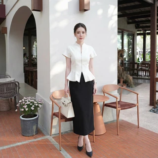 G377 เสื้อทำงานซิปหน้าคอจีน เอวเข้ารูป ชายระบาย สไตล์มินิมอล