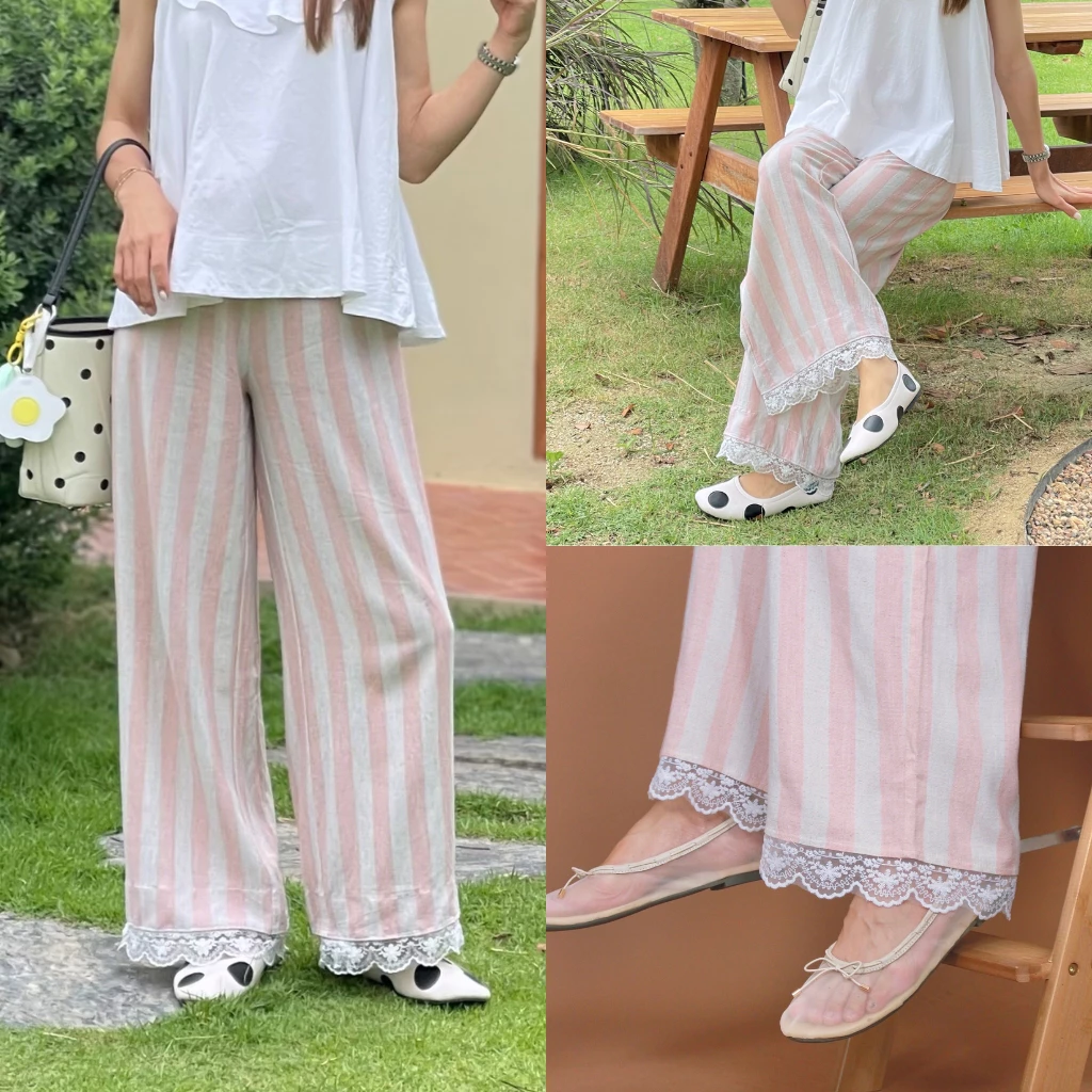(S-3XL) Garden Bacon pants C4793 กางเกงขายาวปลายลูกไม้ 🌷