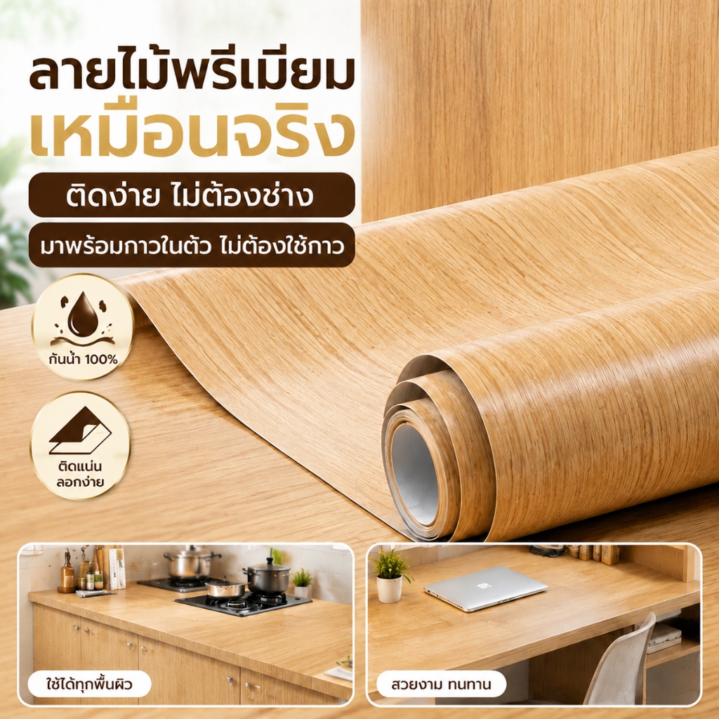 วอลเปเปอร์ลายไม้ PVC 40cmx5m สติกเกอร์ลายไม้ กันน้ำ กันน้ำมัน ติดผนัง เฟอร์นิเจอร์ ครัว ตู้ ลายไม้เสมือนจริง ลอกออกได้