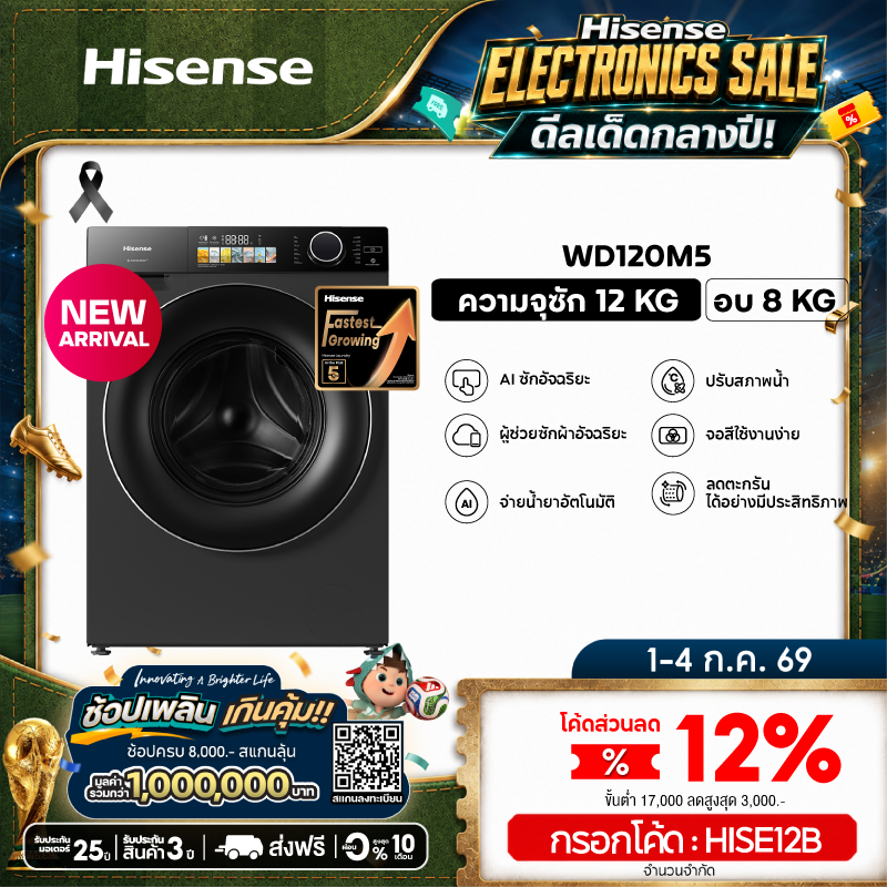 [Presale พร้อมส่ง 13 กค] Hisense เครื่องซักผ้าฝาหน้า Inverter ความจุซัก 12kg+อบ 8kg/14kg+อบ9kg l AI Wash สีดำ รุ่น M5