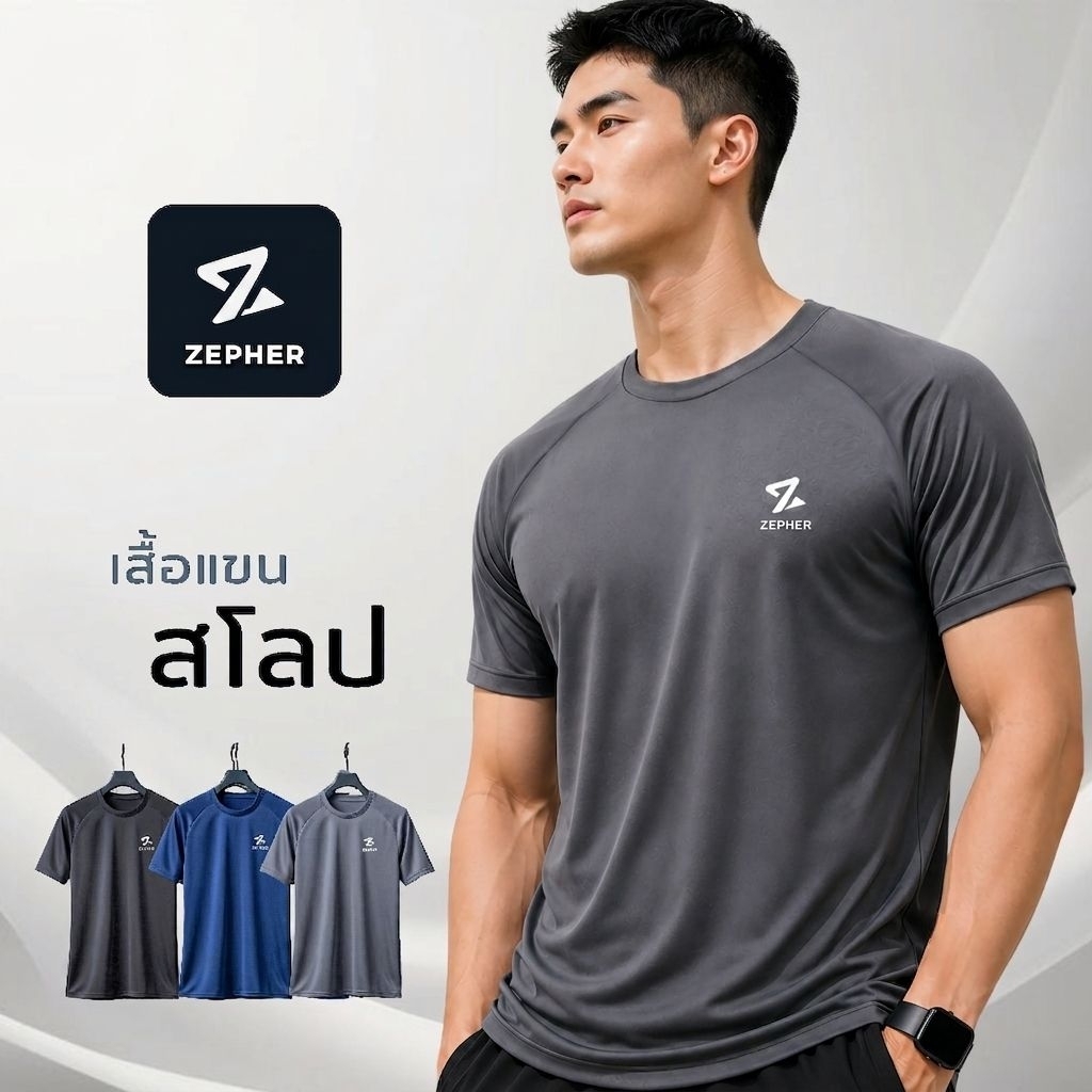 ZEPHER เสื้อกีฬาแขนสโลปผู้ชาย เนื้อผ้าคุณภาพสูง ระบายอากาศ แห้งไว ไม่อับชื้น ทรงสวย ใส่สบาย เสื้อยืดสีพื้น