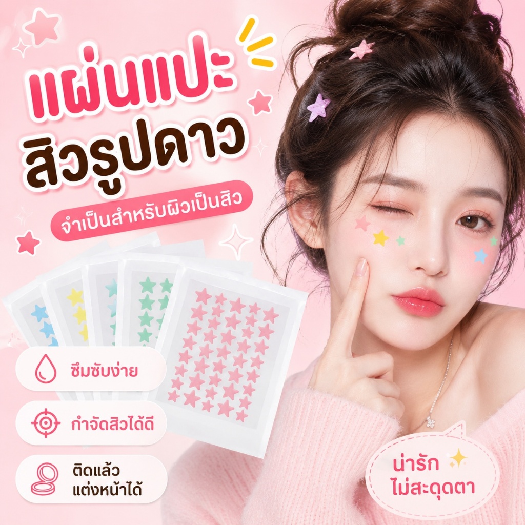 【1แถม1】แผ่นแปะสิว 200 ชิ้น สีสันสดใส กันน้ำ รูปดาว น่ารัก ช่วยลดอาการอักเสบให้ยุบไว ช่วยดูดสิว รักษาสิว บำรุงผิว ซ่อมแซม