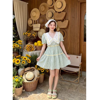 (มี3XL) สีเขียวมัจฉะ Bai Cha Dress เดรสสั้นผ้าคอตตอน ปกงานปักเดซี่ แขนตุ๊กตา ตัดต่อเส้นเทปงานปัก ซิปหลัง มีซับใน
