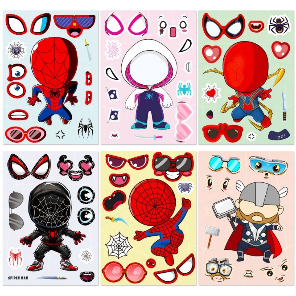 สติ๊กเกอร์ แต่งหน้า ซุปเปอร์ฮีโร่ แมงมุม spider แปะซ้ำได้ ของเล่นเด็ก ผู้ชาย (เซ็ต 6 แผ่น)