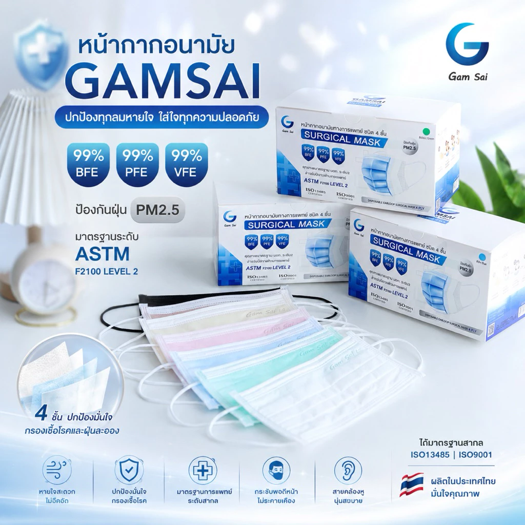 GAMSAI LEVEL2 หน้ากากอนามัยทางการแพทย์ หน้ากากป้องกันฝุ่น ไวรัส แบคทีเรีย รุ่น GAMSAI LEVEL2 สำหรับผู้ใหญ่