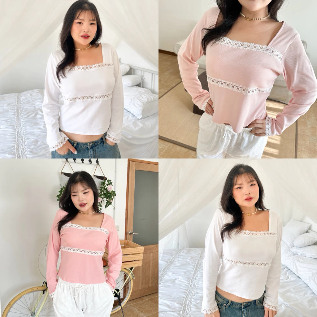 (พรีเฉพาะสีขาว) Mille Top เสื้อแขนยาวแต่งดีเทลลูกไม้ - clarine_bkk