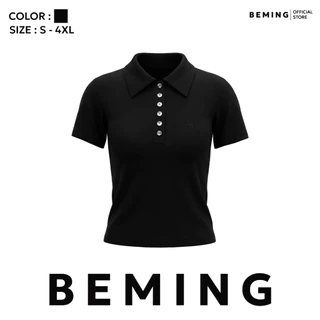 Bemingtop1223(S-4XL)-Lolety Top - เสื้อโปโลแขนสั้นดีไซน์มินิมอลตกแต่งกระดุมหน้าและปักโลโก้ BMG
