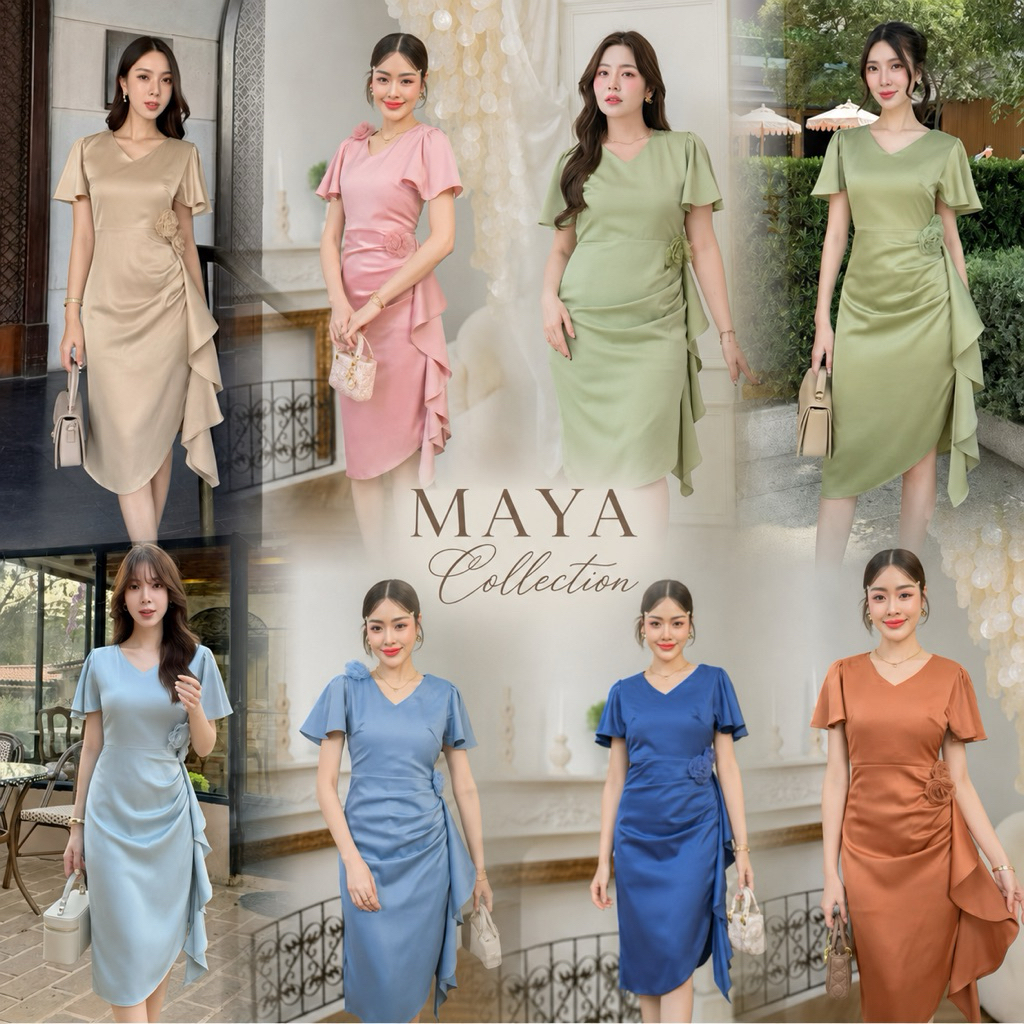 ชุดเดรสออกงาน ชุดสาวอวบไปงาน เดรสไปงานค่า s-3xl MAYA แถมดอกไม้ แนวเรียบหรูดูแพง เดรสสวยๆๆสาวอวบG120