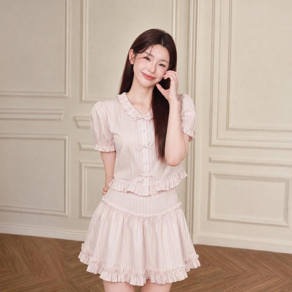 【Karlyn】SS0333# ชุดเซ็ท 2 ชิ้น เสื้อคอวี แต่งโบว์ แขนตุ๊กตา กระโปรงทรงสวย น่ารักมาก