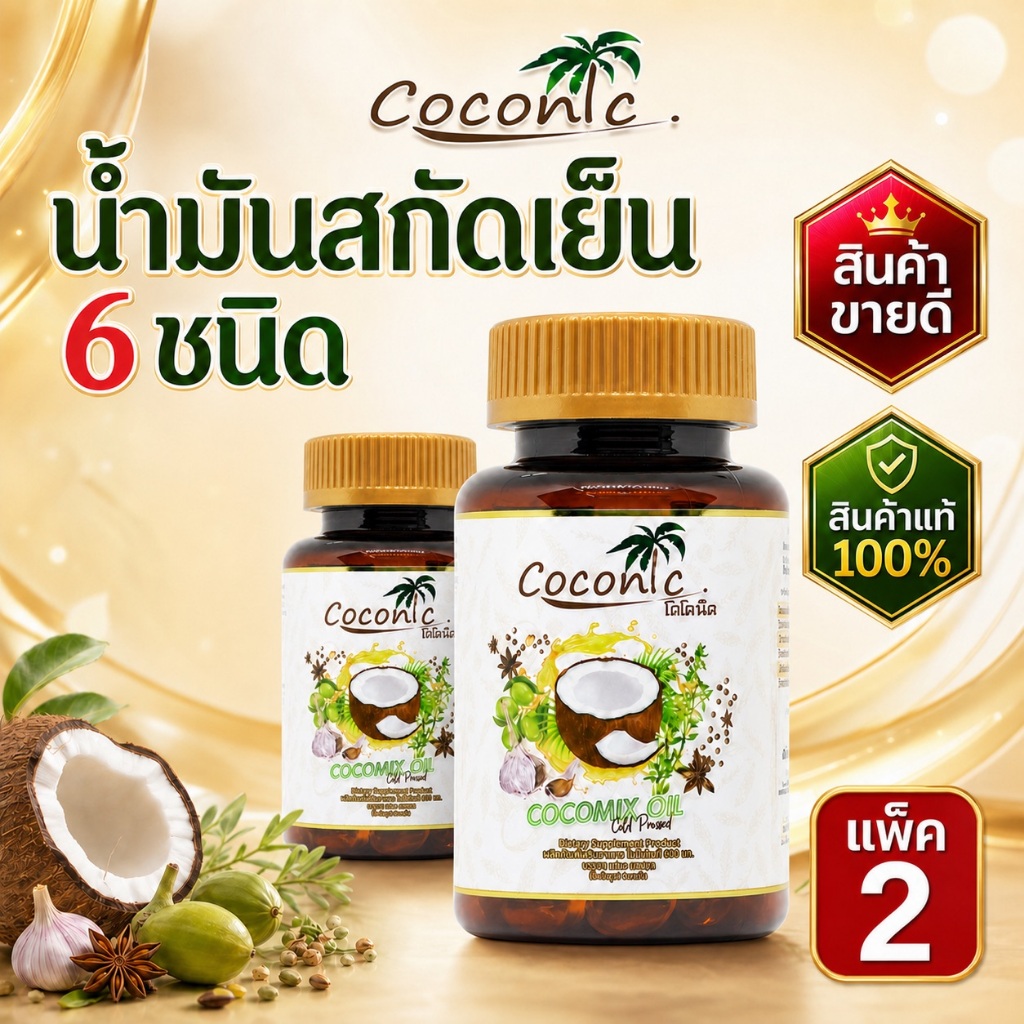 Cocomix โคโคมิกซ์น้ำมันสกัดเย็น 6 ชนิด บรรจุ 60แคปซูล (2กระปุก)