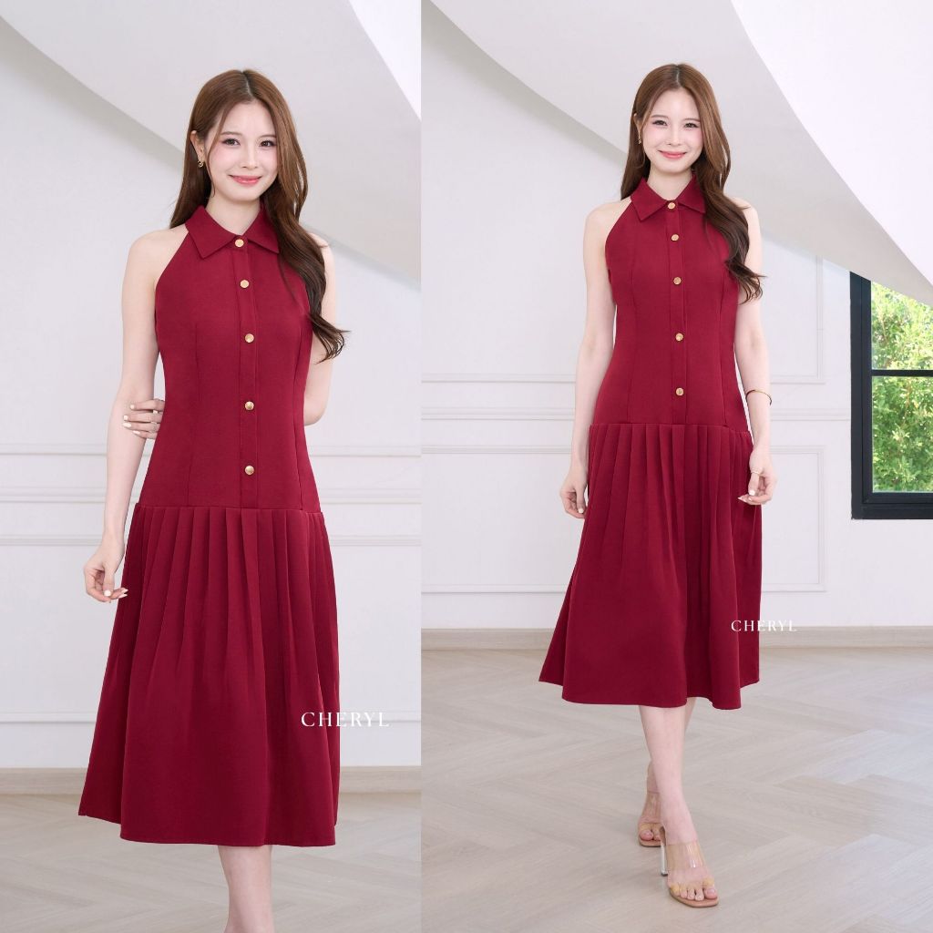 Cheryl brand - Delilah Gold Button Midi Dress in Burgundy / เดรสคอปกสีแดงเบอร์กันดี