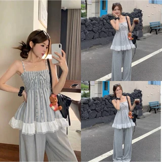 (อก28-42) เสื้อสายเดี่ยวสม็อคตัวยาวลายริ้ว detail แต่งลูกไม้ แต่งทูโทน เสื้อสายเดี่ยวสาวอวบใส่ได้อกถึง 42 นิ้ว