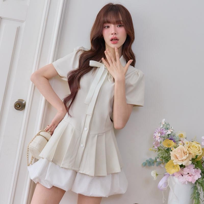 【Karlyn】SS0217# ชุดเซ็ทสองชิ้น คอปกแขนสั้นผูกโบว์ แต่งกระดุม ทรงน่ารักมาก ดีเทลกระโปรงสองชั้น ใส่ได้หลายโอกาส