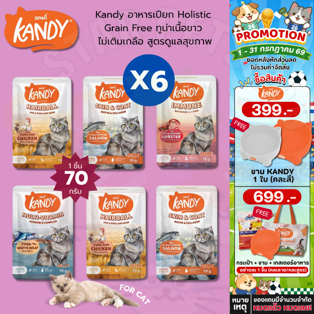 Kandy อาหารเปียก Holistic Grain Free ทูน่าเนื้อขาว ไม่เติมเกลือ สูตรดูแลสุขภาพ 70 กรัม