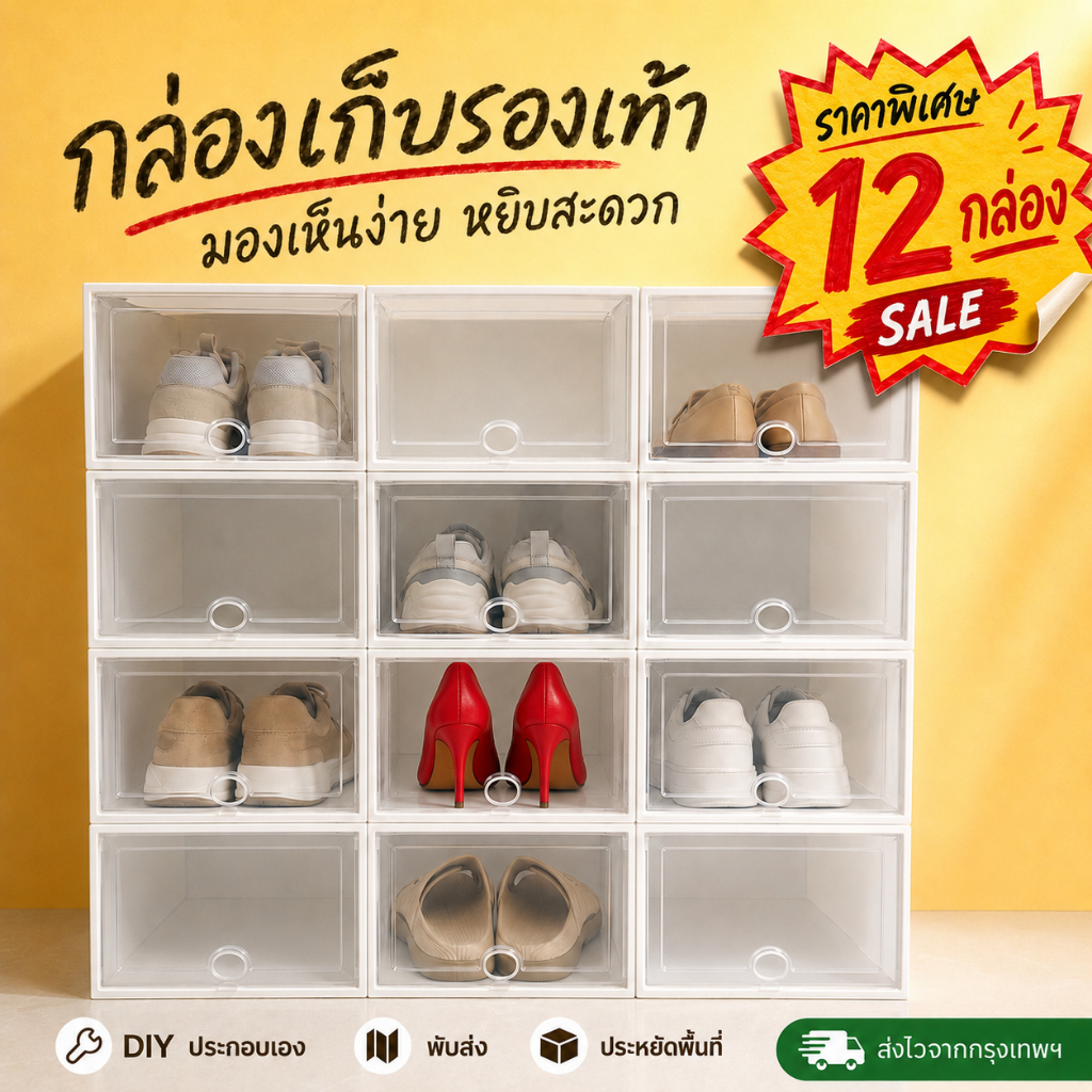 กล่องรองเท้า ตู้เก็บรองเท้า กล่องใส่ของใส กันฝุ่น วางซ้อนได้ ประหยัดพื้นที่ ใช้ได้ทั้งห้องนอนและห้องนั่งเล่น