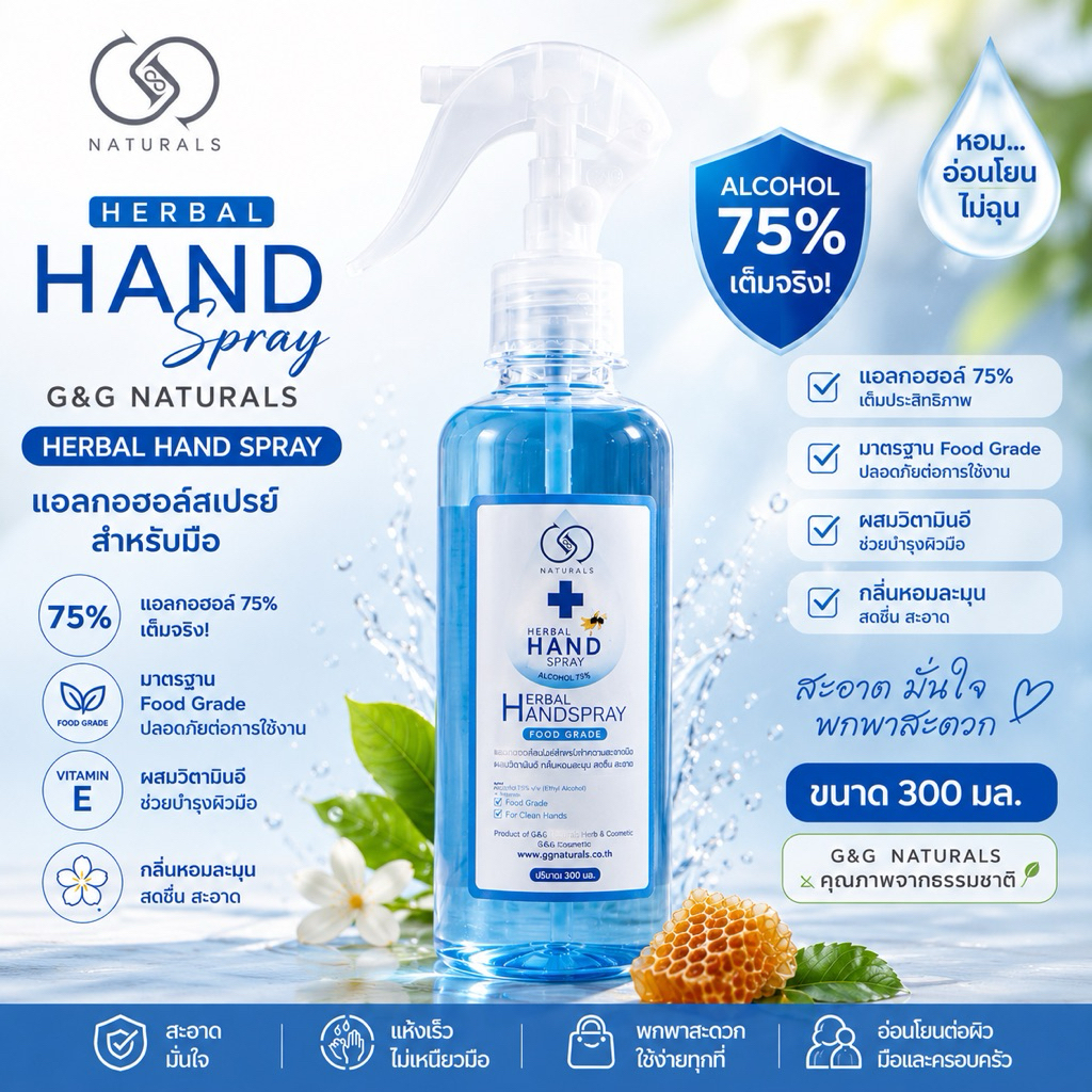 แอลกอฮอล์สเปรย์  ทำความสะอาดมือ กลิ่นแป้งเด็กหอมอ่อน แอลกอฮอล์ 75% เต็ม 300มล.